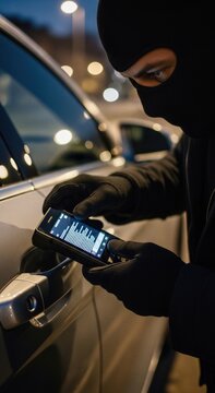 Thief wearing balaclava using electronic device to unlock car door at night. Criminal hacker stealing vehicle with high-tech gadget. Cybercrime, illegal activity and car theft concept.