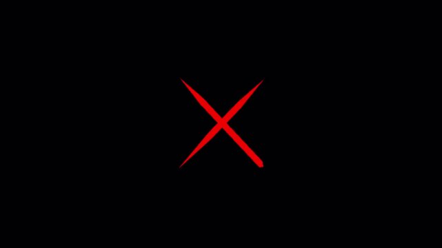 Sharp red cross symbol isolated on a solid black background for error or cancellation notification