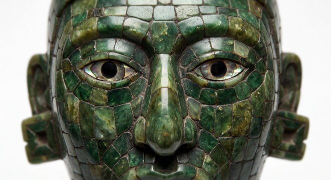 A close up view of an ancient Mesoamerican mask crafted from intricate green jade mosaic tiles.