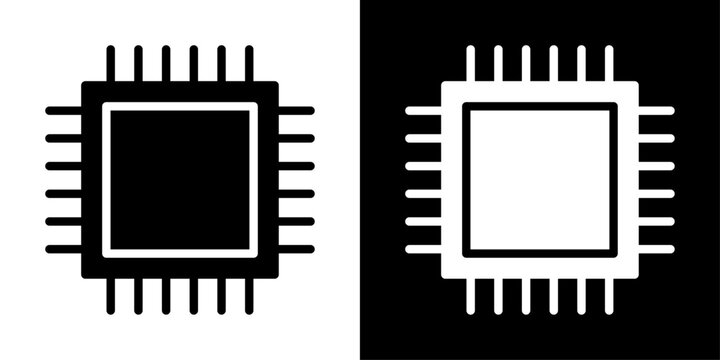 Semiconductor icon with microchip design in outline style representing computer processor, AI hardware, integrated circuits and digital technology.