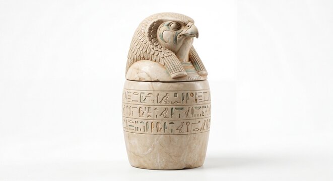 A detailed stone canopic jar featuring the falcon head of Qebehsenuef with ancient Egyptian writing.