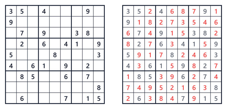 Hard level sudoku square grid with final solved numbers, clip art for logic puzzles, brain training activities, websites, blogs, printable worksheets, educational games, and stationery