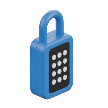 Blue digital lock icon with password keypad on smartphone isolated on transparent background