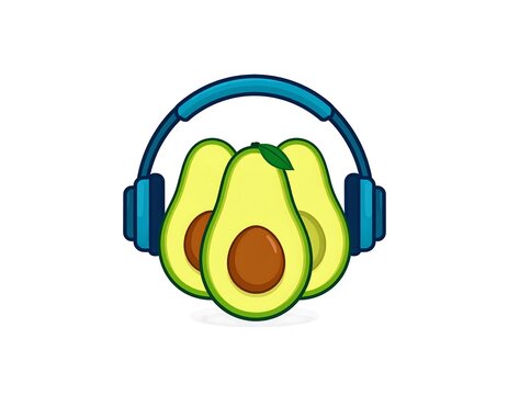 Cartoon-style illustration of three halved avocados wearing blue headphones on a white background
