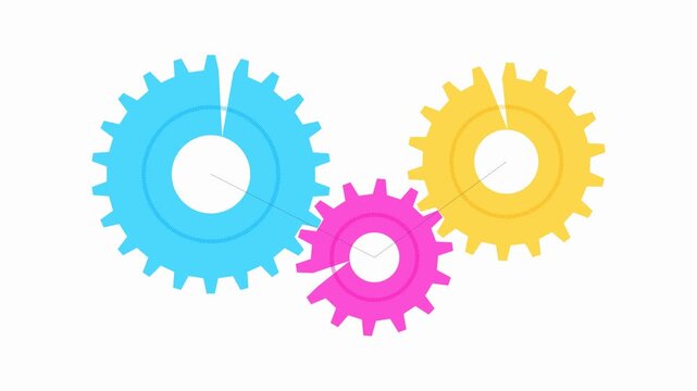 Colorful interlocking gears rotating in a mechanical sequence