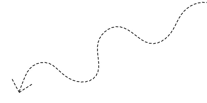 Abstract dashed line graphic depicting a winding path with a directional arrow indicating movement or progress