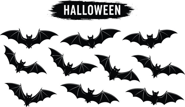 Spooky Halloween Bat Silhouette Vector Set with Different Flying Poses for Festive Greeting Cards, Party Invitations, Stickers, and Seasonal Graphic Background Designs