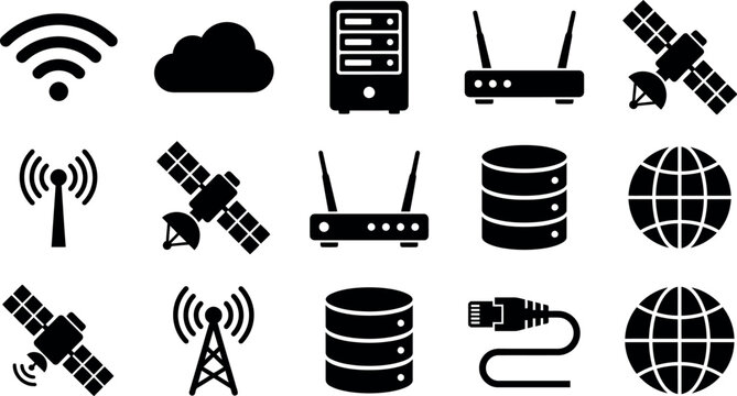 Black technology network icons set wifi and satellite symbols vector