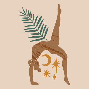 Abstract moon goddess lettering vector, minimalist spiritual woman silhouette, aesthetic reiki and yoga line art with botanical elements, mystical graphic clipart