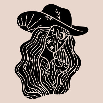 Grunge western cowgirl tattoo portrait vector, vintage gothic cowboy hat woman with cactus illustration, distressed hand-drawn dark folklore print for streetwear and t-shirt design