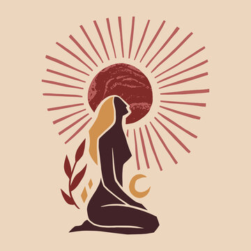 Abstract moon goddess lettering vector, minimalist spiritual woman silhouette, aesthetic reiki and yoga line art with botanical elements, mystical graphic clipart