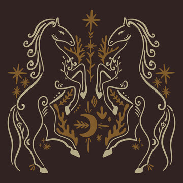 Minimalist running horse logo vector with botanical folk ornament, elegant line art equestrian emblem with floral elements, abstract mystical stallion silhouette for organic brand identity