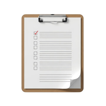 Clipboard with checklist and pen on wooden desk isolated on transparent background
