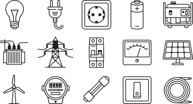 Electricity and energy line icon set black outline vector