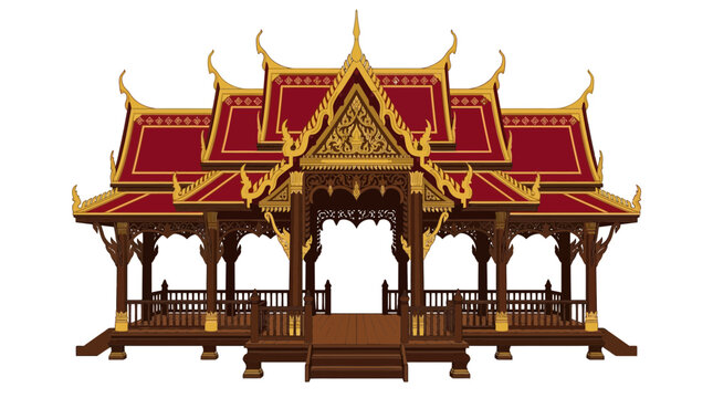 Intricate Thai wooden pavilion illustration with ornate golden and red architectural details