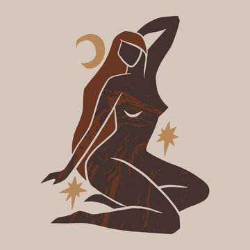 Abstract minimalist kundalini goddess vector, sacred feminine energy illustration, divine woman silhouette with spiritual symbols, modern esoteric line art for yoga and wellness branding clipart
