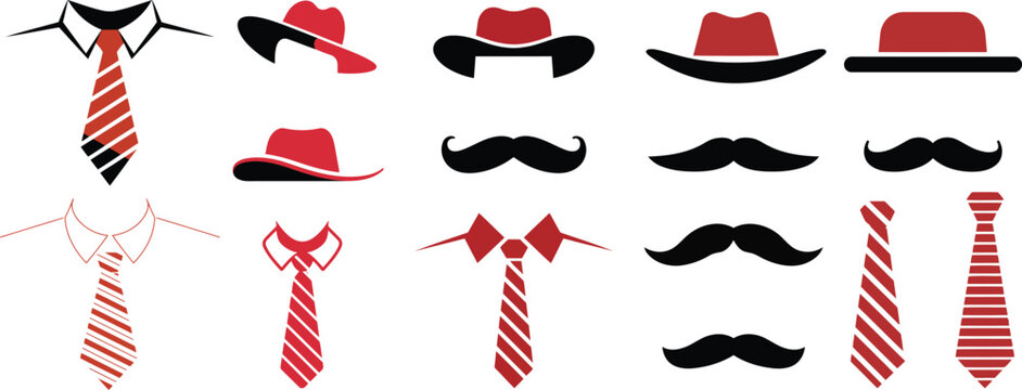 Happy Father's Day elements set with neckties collars mustache and hats silhouettes on isolated background, dad holiday vector collection