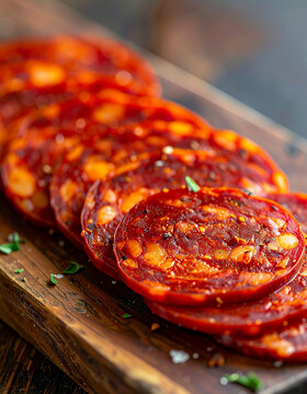Sliced chorizo on wooden board, culinary and cooking concept. Close-up.