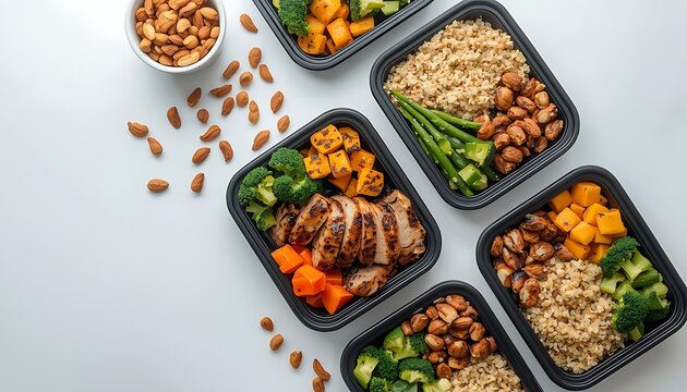 A collection of four healthy meal prep containers filled with balanced portions of grilled chicken broccoli quinoa and almonds ready for the week