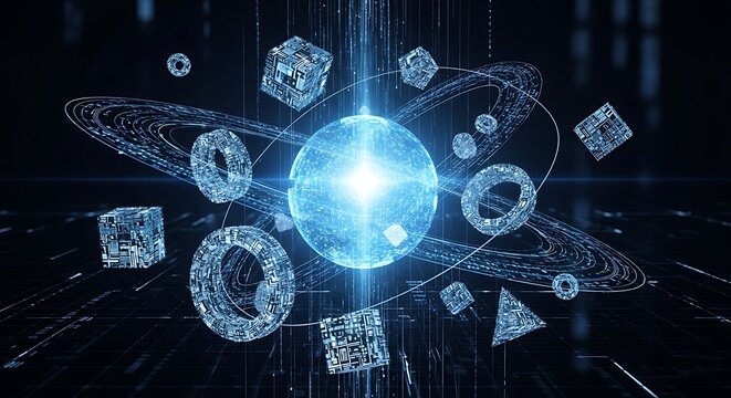 Glowing blue crystal geometric shapes floating.
