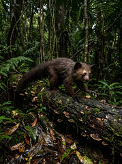 Obraz premium A rare Aye-Aye lemur, a unique nocturnal primate, walks on a mossy log within its dense Madagascan rainforest environment