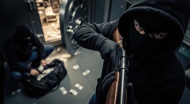 Thief wearing balaclava holding shotgun guarding partner looting bank vault. Criminals stealing money at weapon point from safe. Felony robbery concept, illegal activity, dangerous burglar.