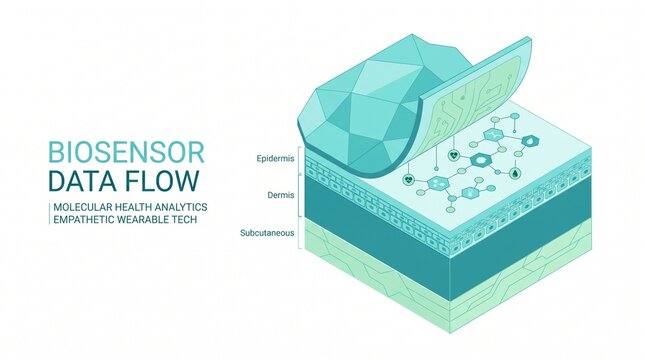 Biosensor data flow, molecular health analytics, empathetic wearable tech. Isometric illustration of skin layers with a biosensor patch for medical technology and healthcare innovation.