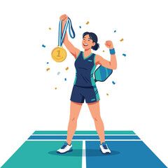 Fototapeta premium Female pickleball champion holding medal with confetti and paddle