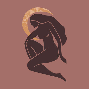 Abstract minimalist kundalini goddess vector, sacred feminine energy illustration, divine woman silhouette with spiritual symbols, modern esoteric line art for yoga and wellness branding clipart