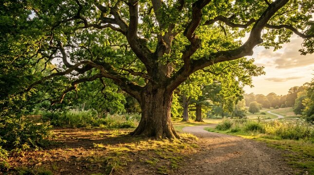 Sunlight filtering through ancient tree in serene autumn forest landscape at golden hour