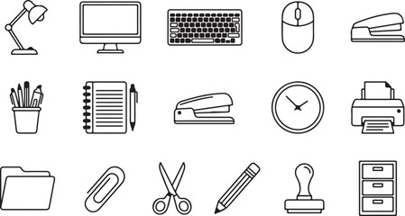 Fototapeta premium Office supplies icon set black line icons workspace tools