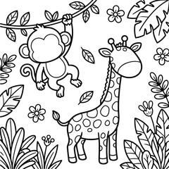 Fototapeta premium Cute Monkey and Giraffe in the Jungle Coloring Page for Kids