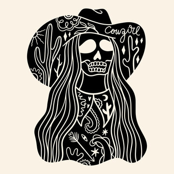 Grunge western tattoo style cowgirl illustration, badass girl skull vector with cowboy hat, wild west aesthetic graphic print, edgy vintage streetwear design
