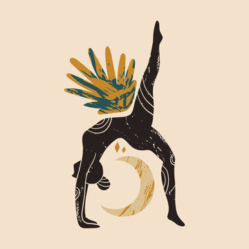 Abstract moon goddess lettering vector, minimalist spiritual woman silhouette, aesthetic reiki and yoga line art with botanical elements, mystical graphic clipart