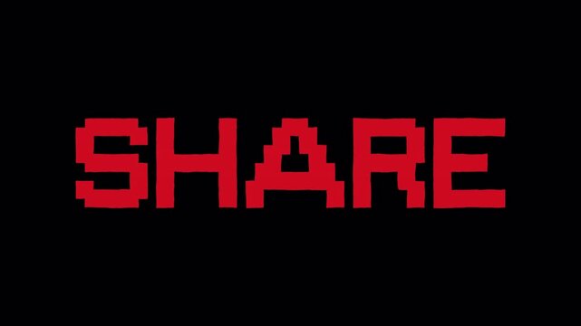 Red pixelated text share isolated on black background for digital media and social network concepts