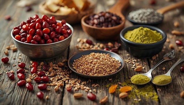 A rustic wooden table displays an assortment of natural superfoods including seeds spices and dried fruits in wooden bowls and spoons