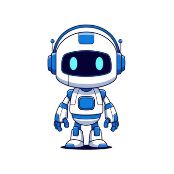 Cute cartoon robot character with blue and white details standing isolated on transparent background