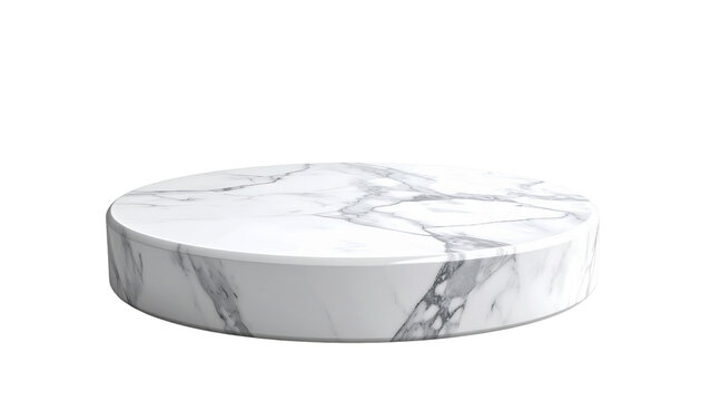 A circular white marble pedestal with gray veins for displaying luxury commercial products