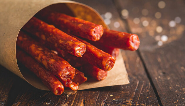Smoked pepperoni sticks in craft paper bag, tasty food, appetizing snack concept. Close-up.