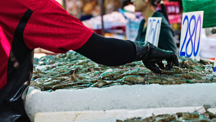 Obraz premium Fishmonger sorting fresh prawns on ice at traditional seafood market in Thailand