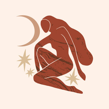 Abstract minimalist kundalini goddess vector, sacred feminine energy illustration, divine woman silhouette with spiritual symbols, modern esoteric line art for yoga and wellness branding clipart