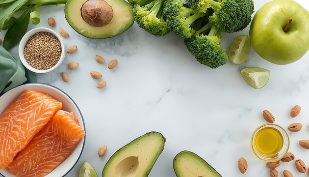 A fresh assortment of healthy foods including salmon fillets, avocados, broccoli, apples, nuts, seeds, and olive oil displayed on a clean surface