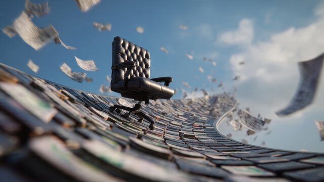 Surreal silliness office chair rolling down a tiny keyboard rollercoaster with papers flying in the air creative workspace imaginative environment whimsical viewpoint