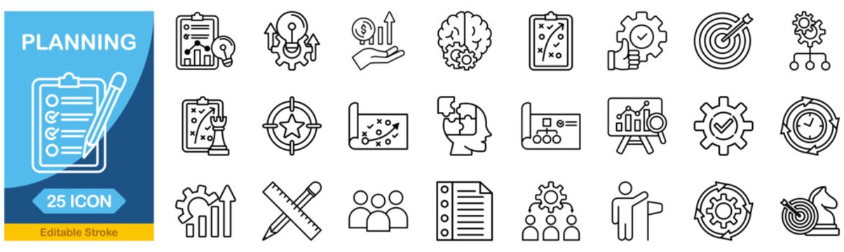 Action plan set of web icons. Goal and implementation Editable stroke. Vector illustration.