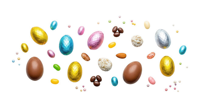 Assorted easter chocolate eggs and candies isolated on transparent background