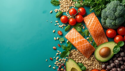 Fresh and colorful assortment of organic vegetables and legumes including carrots tomatoes avocado broccoli and beans on a teal background promoting healthy eating