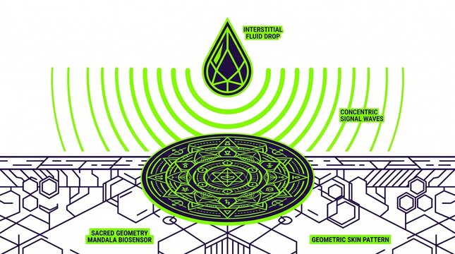 Sacred Geometry Mandala Activator, a mystical fluid drop emitting concentric signal waves, geometric decorations, and futuristic circuit board patterns, for technology and spiritual design.