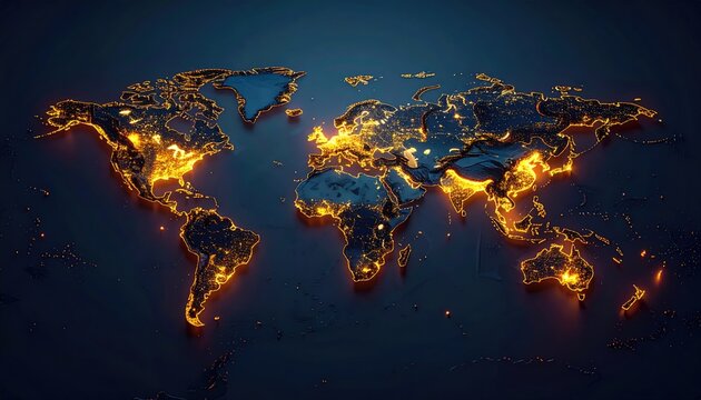 Glowing map of Earth at night, highlighting densely populated areas