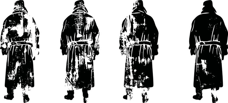 worn vintage trench coat silhouette set grunge fashion illustration with backward and forward views