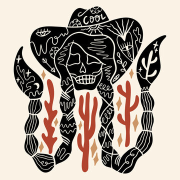 Grunge western tattoo style cowgirl illustration, badass girl skull vector with cowboy hat, wild west aesthetic graphic print, edgy vintage streetwear design